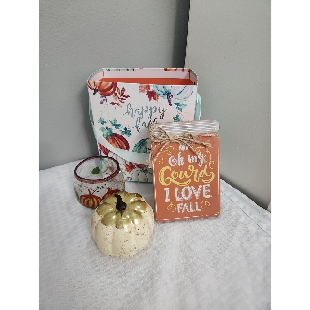 Fall Decor Bundle Oh My Gourd Sign Gold Pumpkin Glass Votive Happy Fall Bag